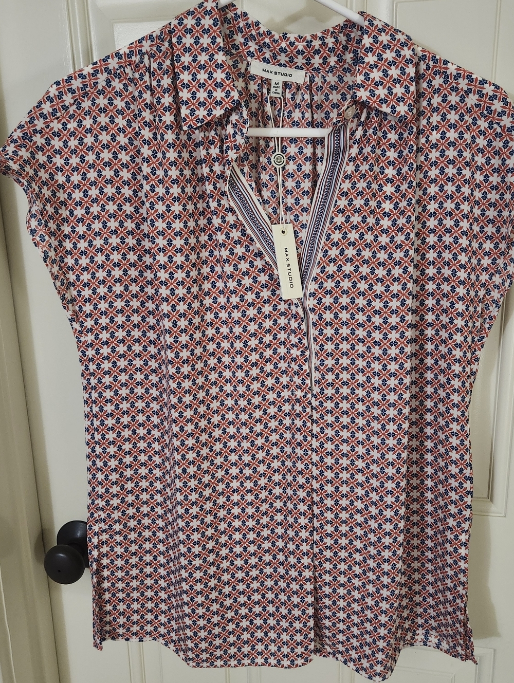 New With Tags Max Studio Geometric Print Polo Blouse in Navy & Coral